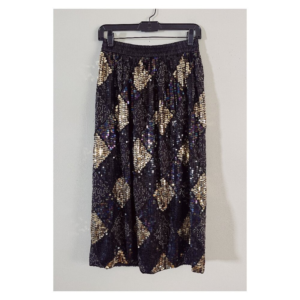 VTG Spell Bound Sz S Silk Sequined and Beaded Harlequin Midi Skirt